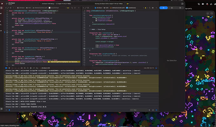 Screenshot showing Xcode debug console demonstrating logging for the stasis check to find bugs in it
