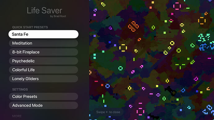 Life Saver TV v1.2 main menu showing new settings presets