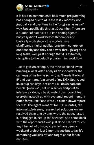 r/ClaudeCode - New banger from Andrej Karpathy about how rapidly agents are improving